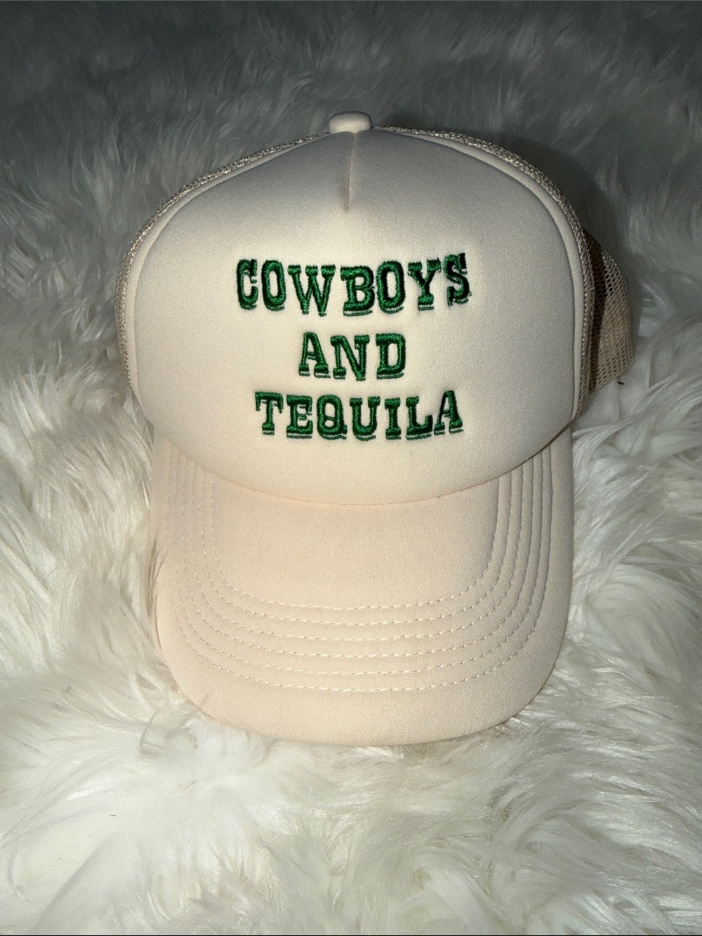 Cowboys and Tequila Embroidered Trucker Hat - Cream & Green